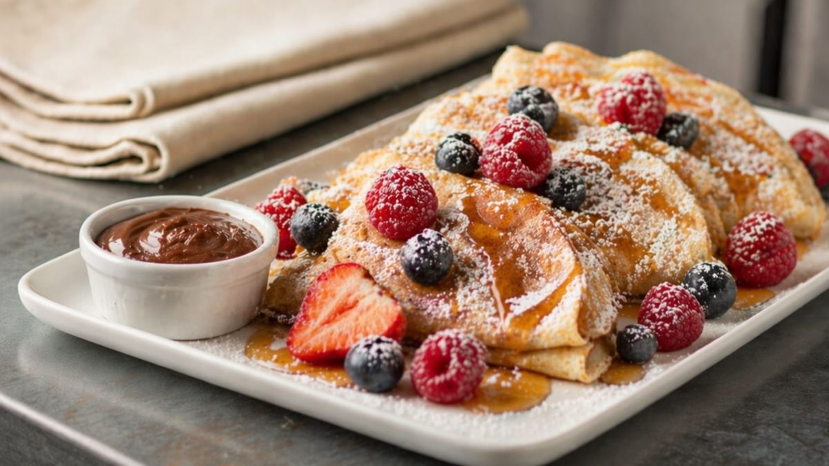 Pfannkuchen mit Ahornsirup, Puderzucker, saisonalen Beeren und süßem Aufstrich
