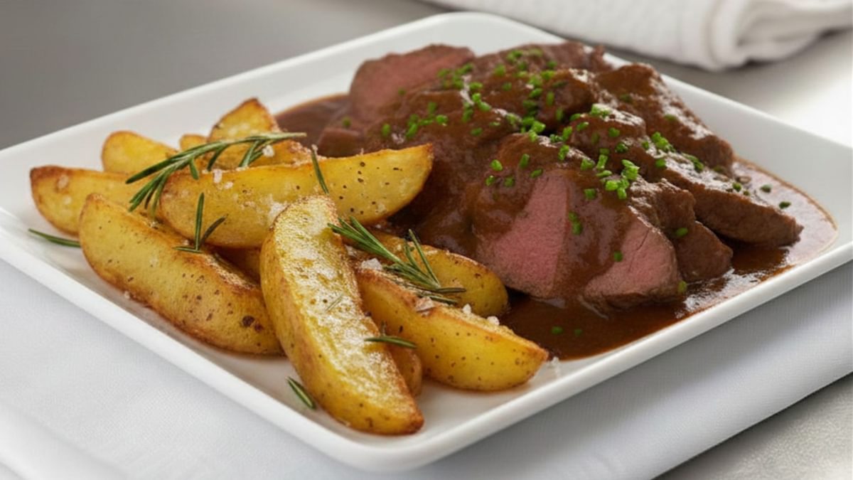 Rinderbraten mit kraftiger Bratensose mit Rosmarinkartoffeln als Beilage