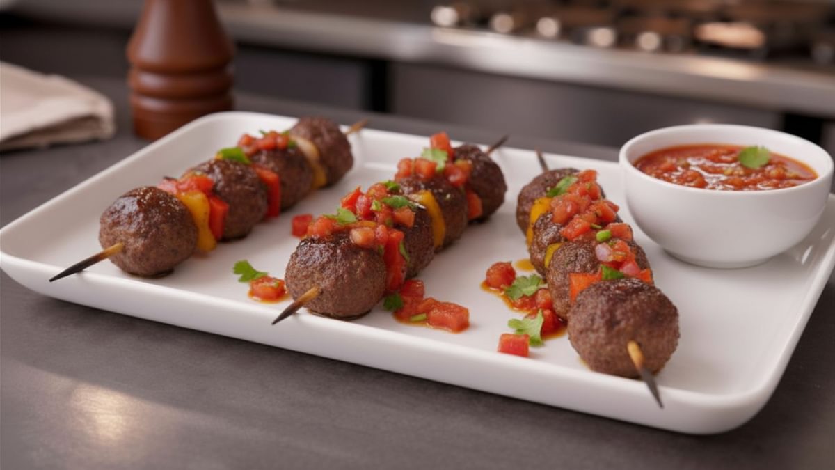 Rinderfrikadellen Spieß mit Salsa Dip