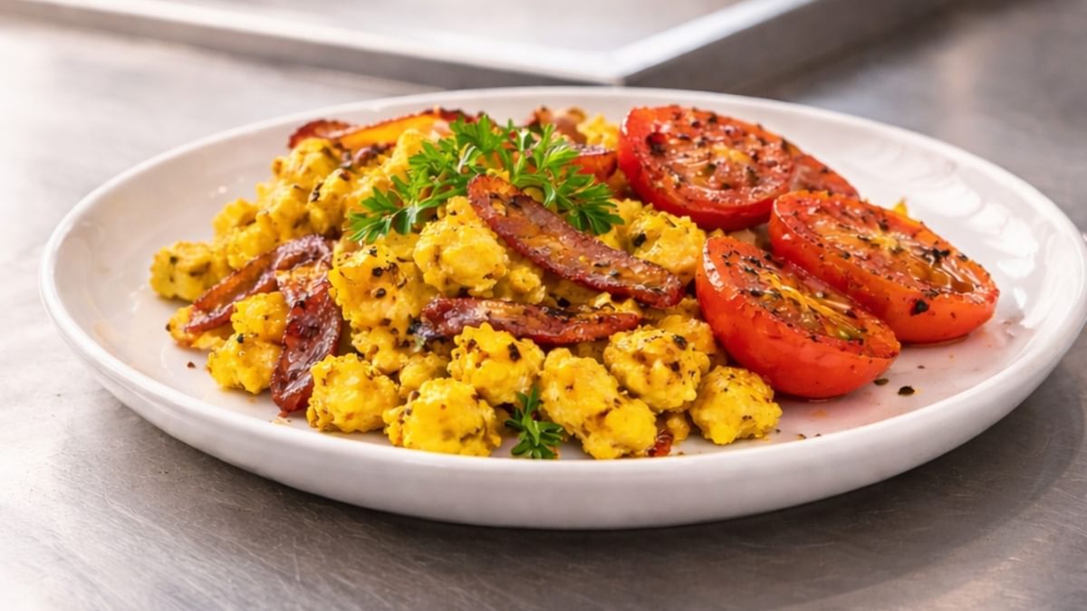 Rührei mit Truthahn-Bacon und gebratenen Tomaten