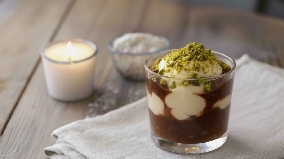Stollenmousse mit Moccasauce und Pistazienkrokant im glass