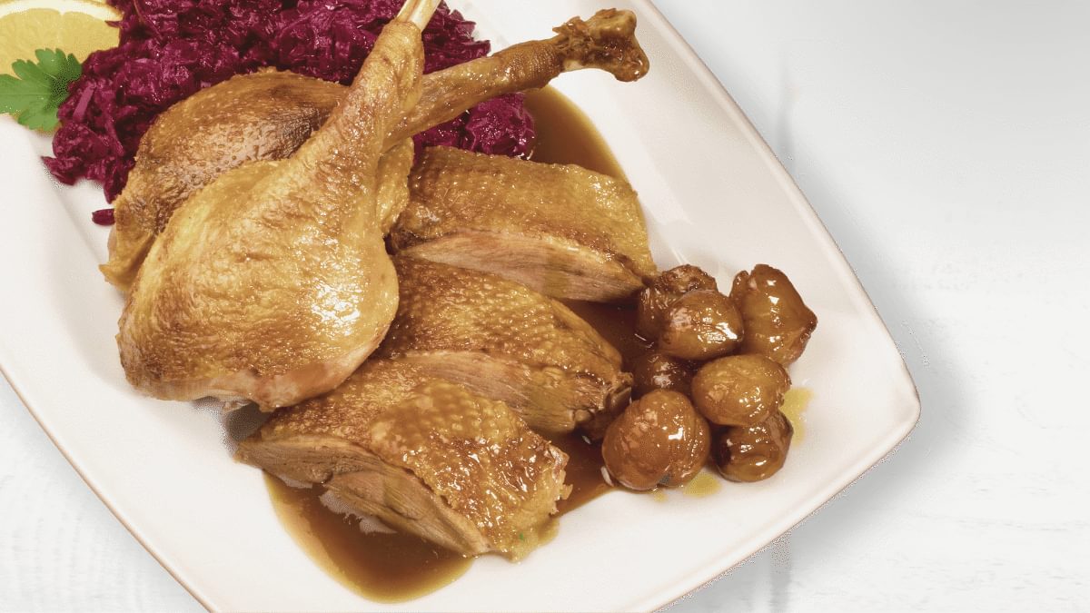 Roasted duck with sauce, German dumplings and red cabbage