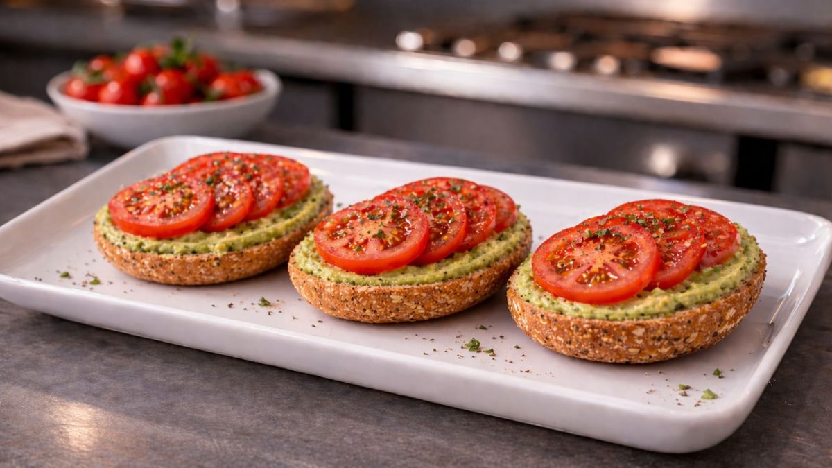 Avocado-Creme & Kirschtomaten Brötchenhälften