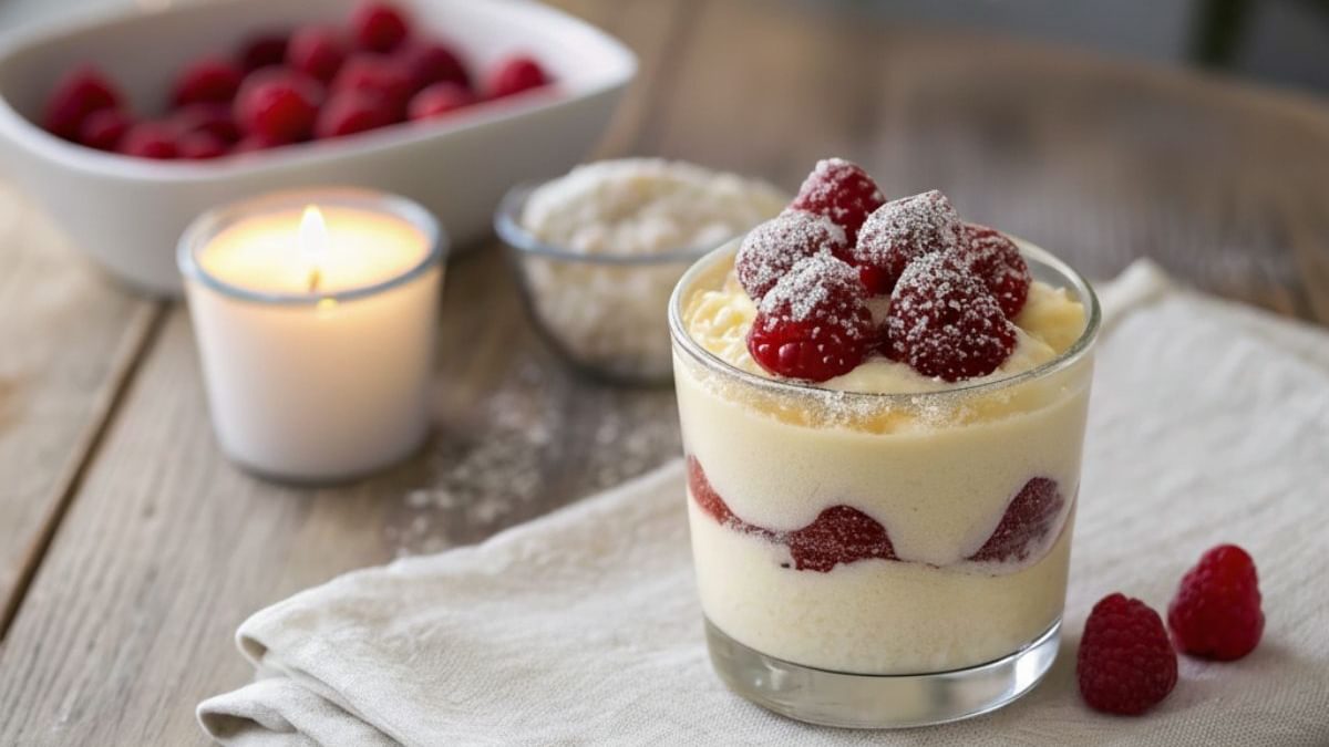Vanillegipfelcreme mit Himbeeren im Glass