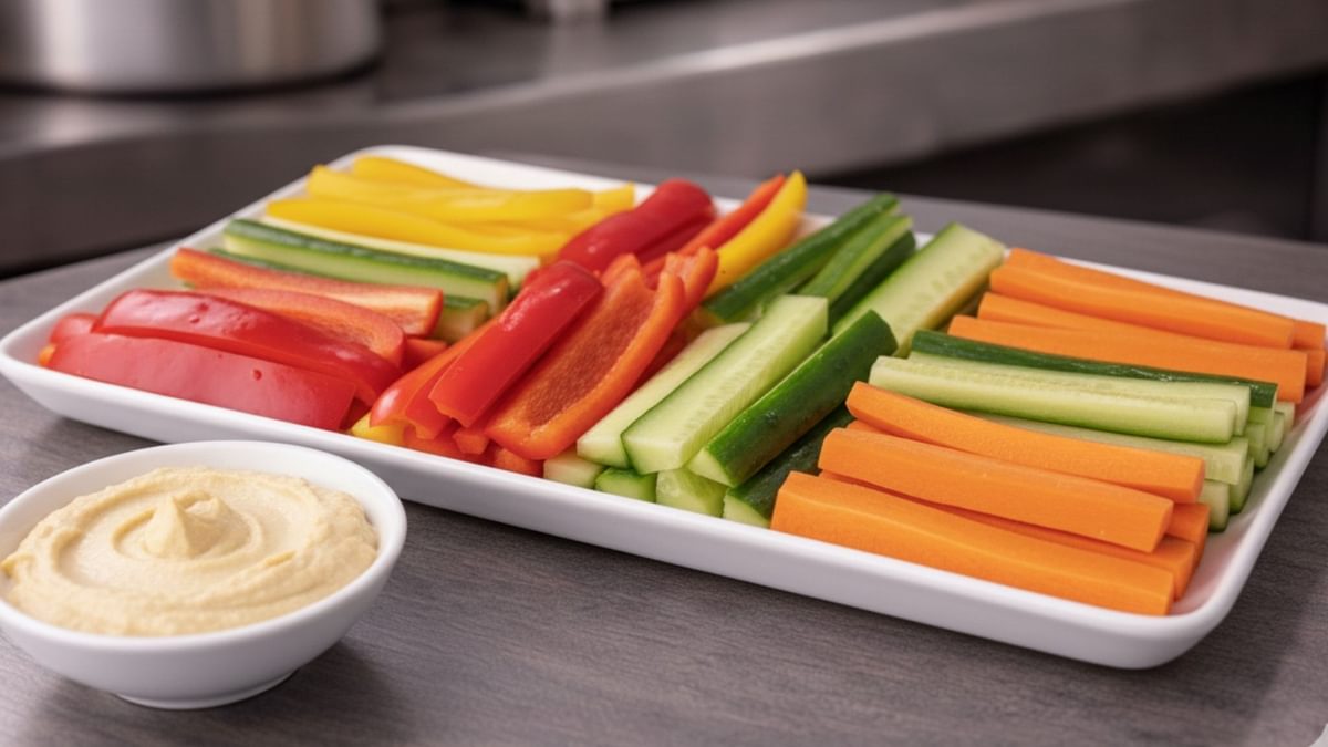 Vegan vegetable sticks platter with hummus dip