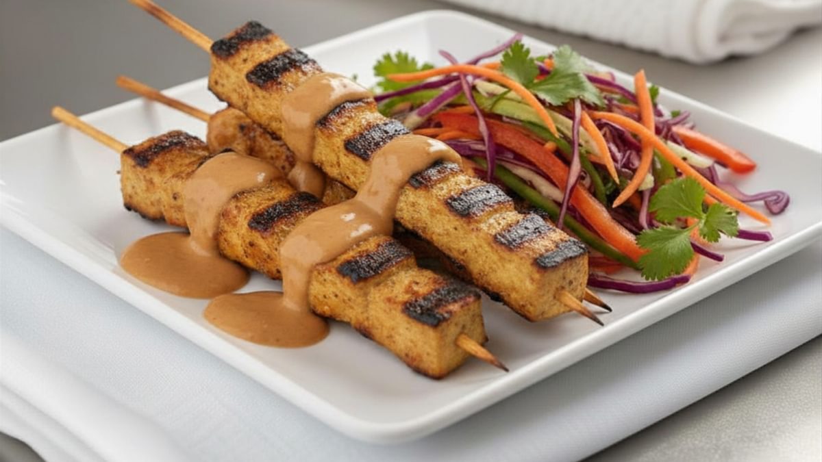 Vegane Sate Spieße mit Erdnusssauce, Reis und asiatischem Rohkostsalat