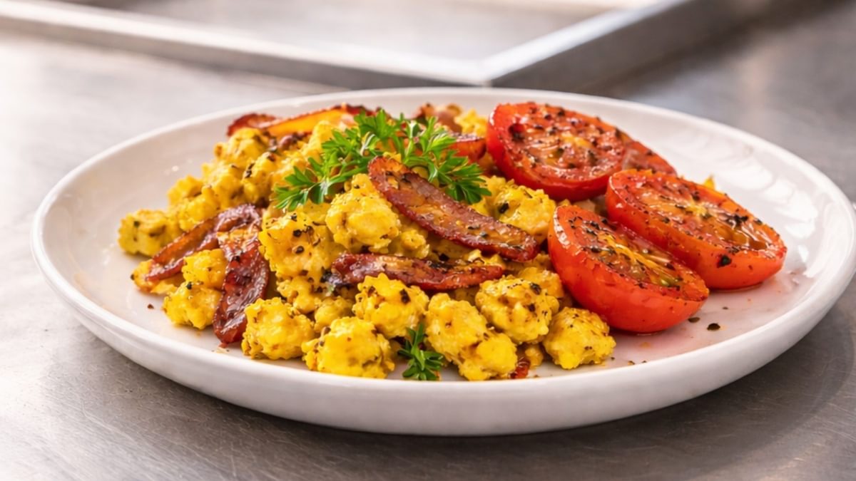 Veganes Rührei mit veganem Speck und gebratenen Tomaten