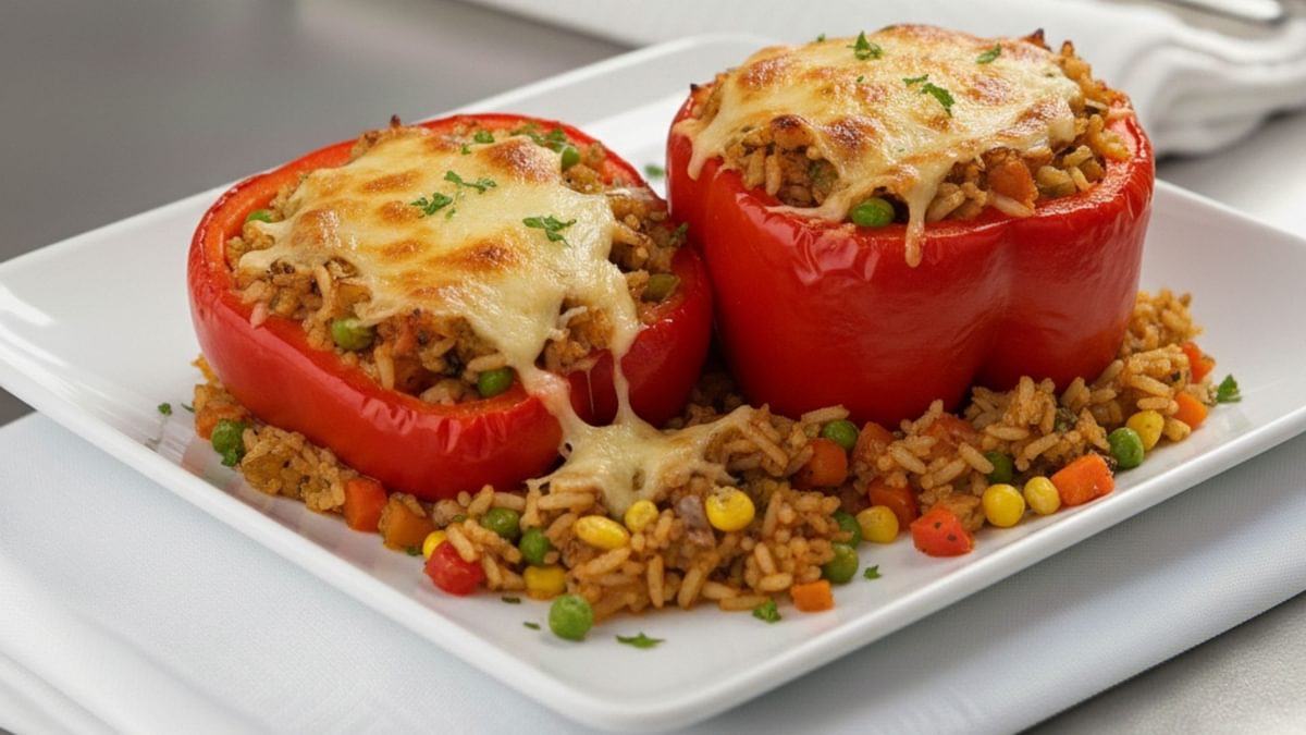 Vegetarisch gefüllte Paprika mit Käse überbacken