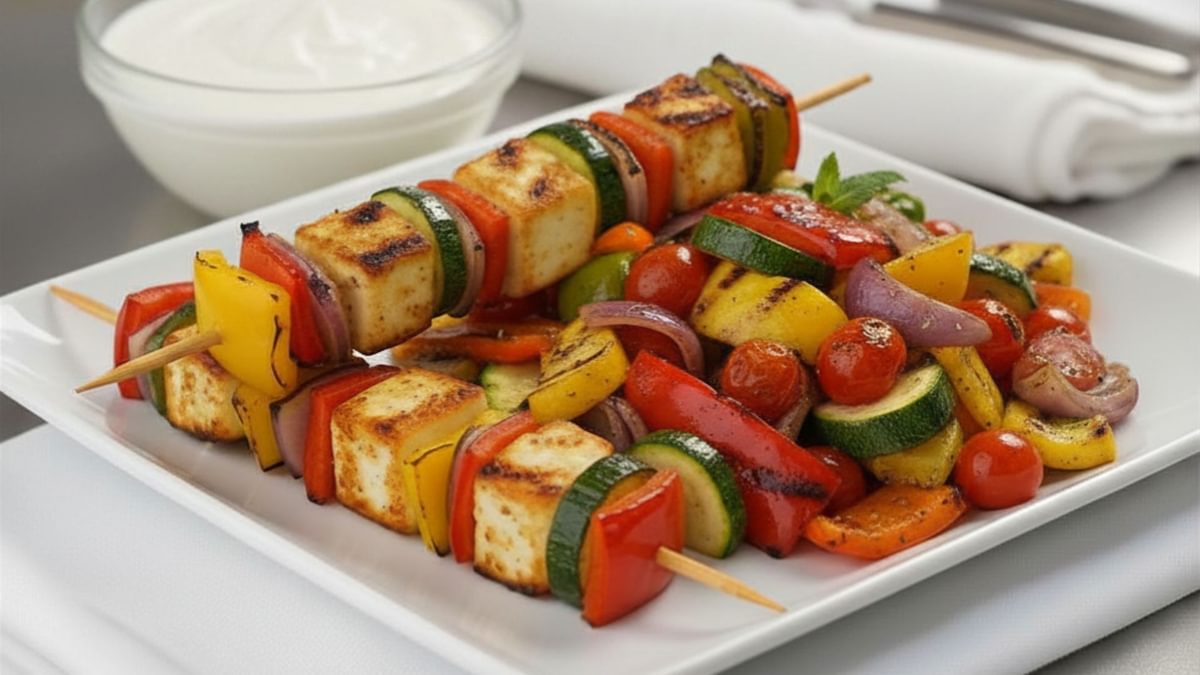 Vegetarische Halloumi-Grillspieße mit buntem Gemuse + Joghurt dip