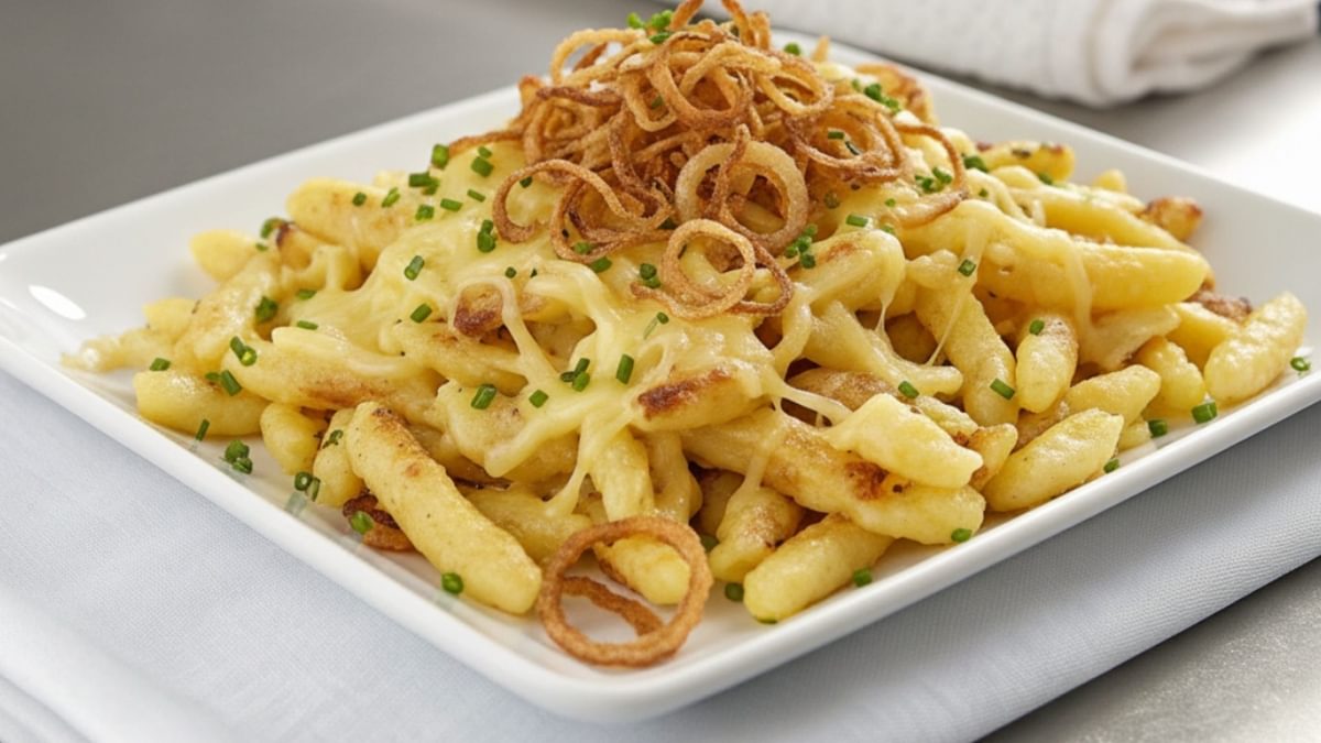 Vegetarische Käsespätzle mit Röstzwiebeln