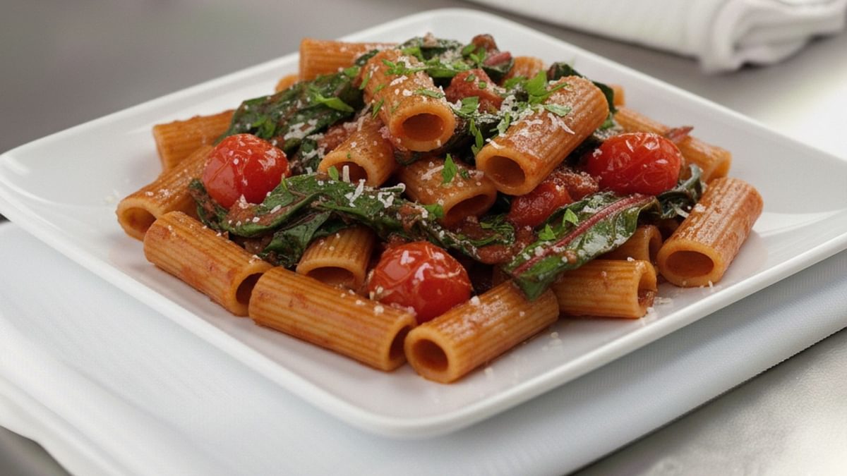 Vegetarische Pasta an Mangold mit Tomaten-Rotwein Sauce
