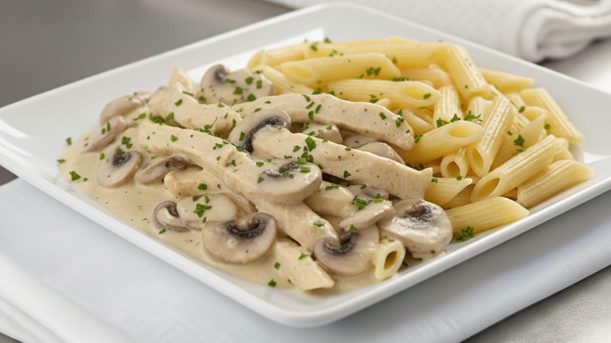 Vegetarisches Geschnetzeltes mit Champignon-Rahm-Soße & Penne
