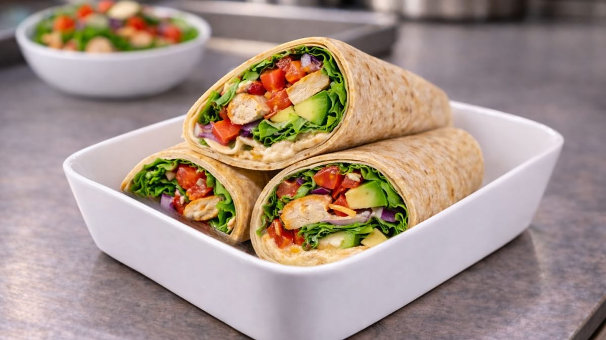 Vollkorn-Wrap mit zartem Hähnchen und cremiger Avocado.