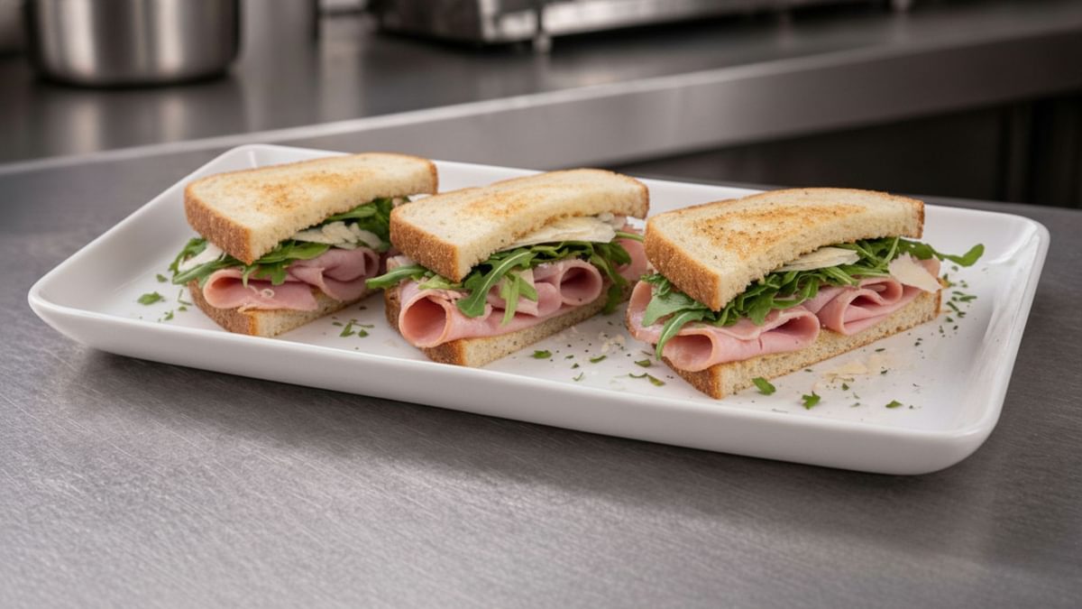 Deli-Sandwich mit Schinken, würzigem Rucola und gehobeltem Parmesan.