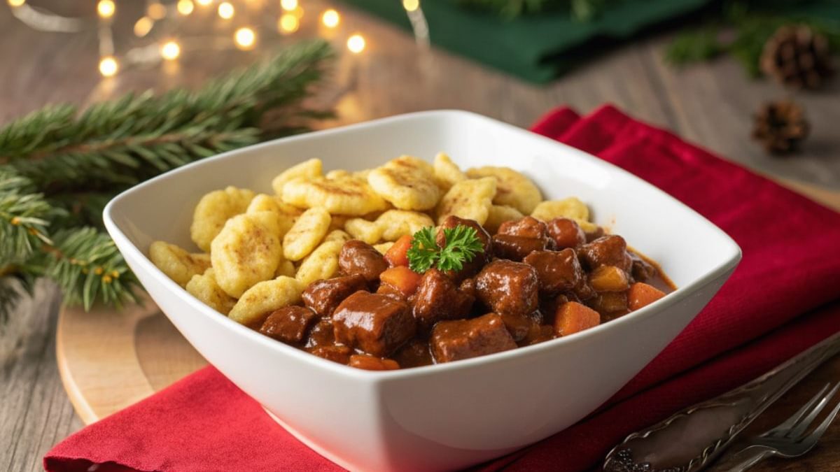 Seitan-Gulasch ungarischer Art mit veganen Spätzle