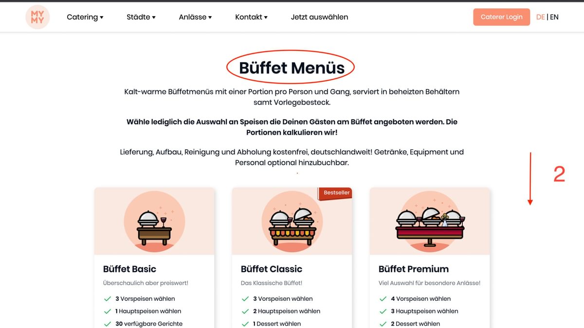 Scrolle durch die Menüseite und wähle deine gewünschte Kategorie- Buffet, Fingerfood, Besondere Anlässe, À La Carte, oder Office