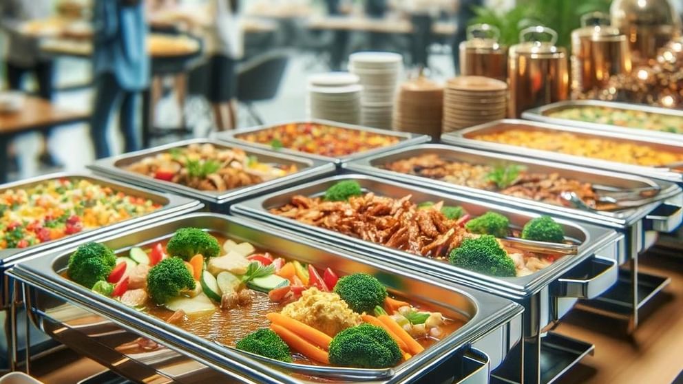 A close up view of a lunch buffet served in chafin
