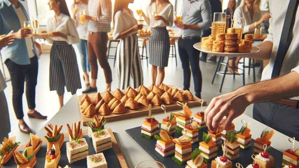 An image of finger food being served at an informal team event in an office setting. The scene includes a variety of finger foods such as mini sandwi