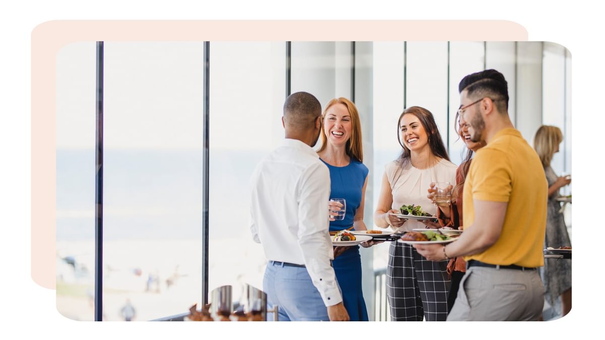 Employees at trade show having lunch
