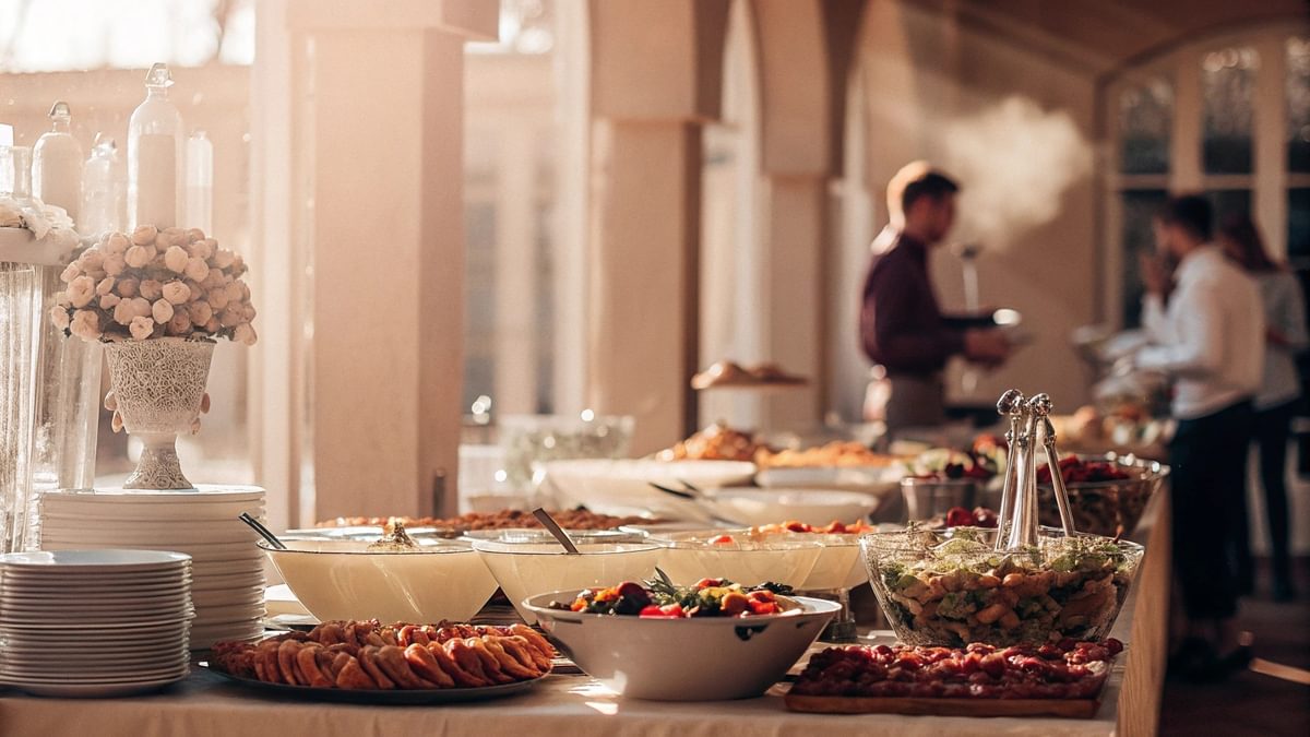 Buffet mit vielfältigen Speisen bei einem festlichen Event in NRW, Gäste bedienen sich selbst in stilvoller Atmosphäre.
