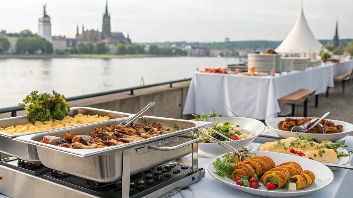 Ein ansprechend angerichtetes Catering-Buffet mit verschiedenen Speisenoptionen wie Fingerfood, BBQ und vegetarischen Gerichten – ideal für Events in Nordrhein-Westfalen