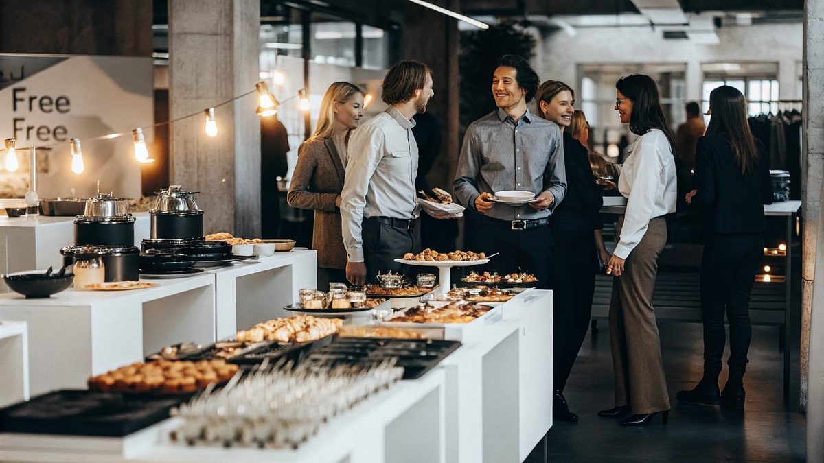 A festive company celebration setup in a modern of 1