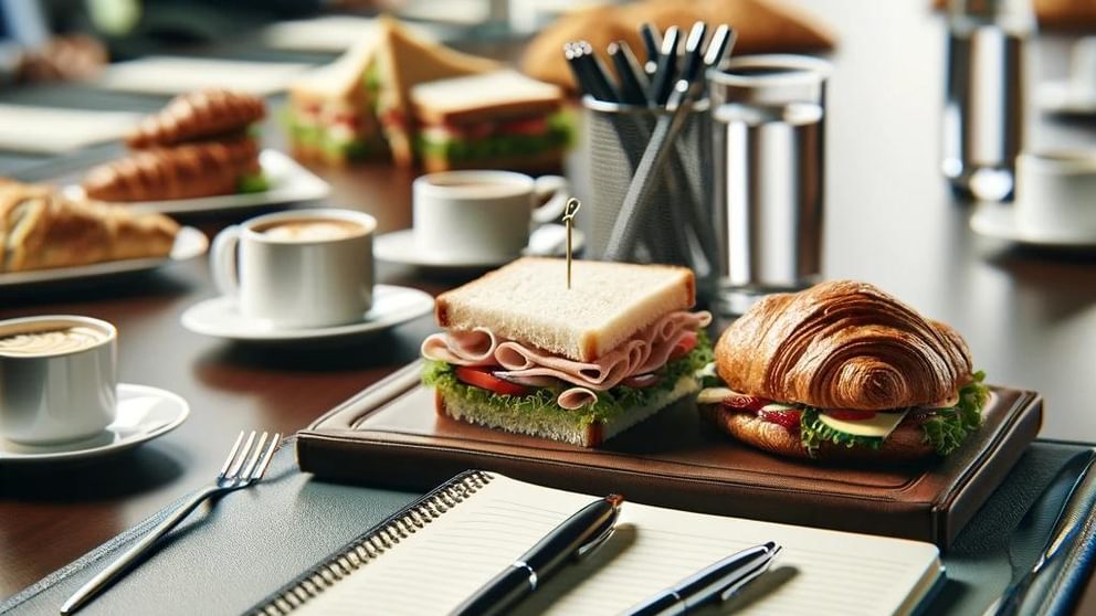 Conference room table food no people