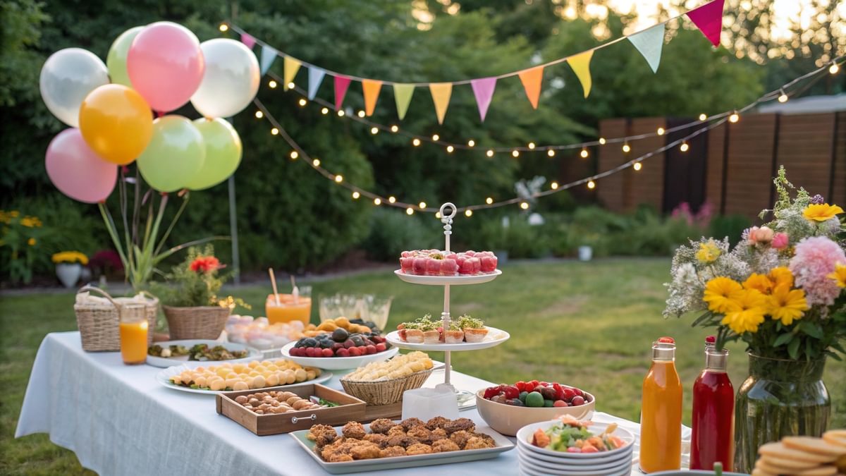 Festlich gedeckter Tisch bei privater Feier mit Buffet, Fingerfood, BBQ und Getränken – fröhliche Atmosphäre mit Deko wie Luftballons und Lichterketten, ideal für Geburtstag oder Gartenparty in NRW