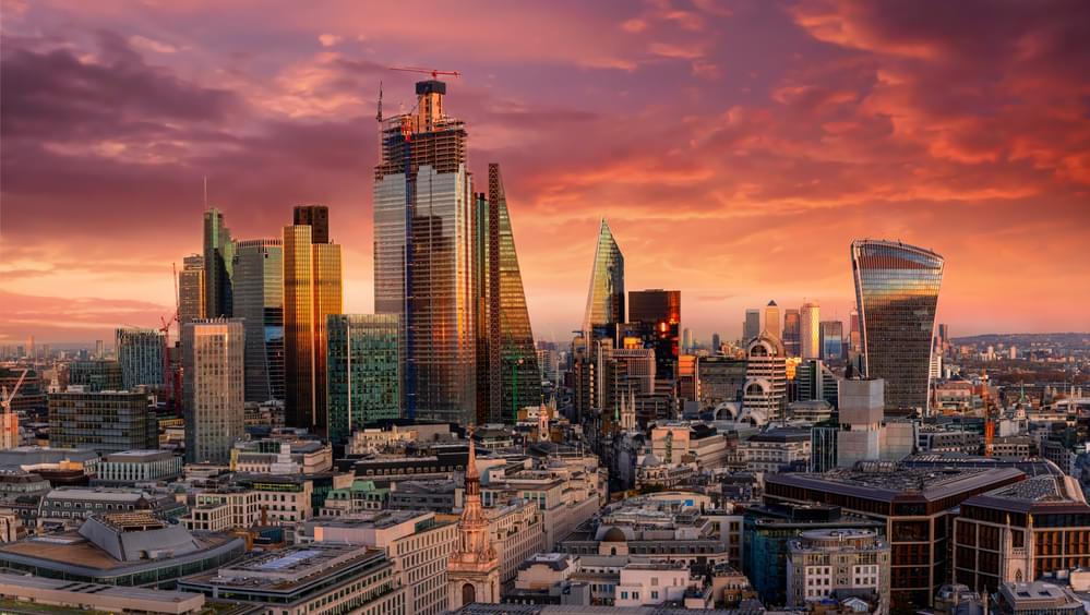 Towers in the City of London at sunset