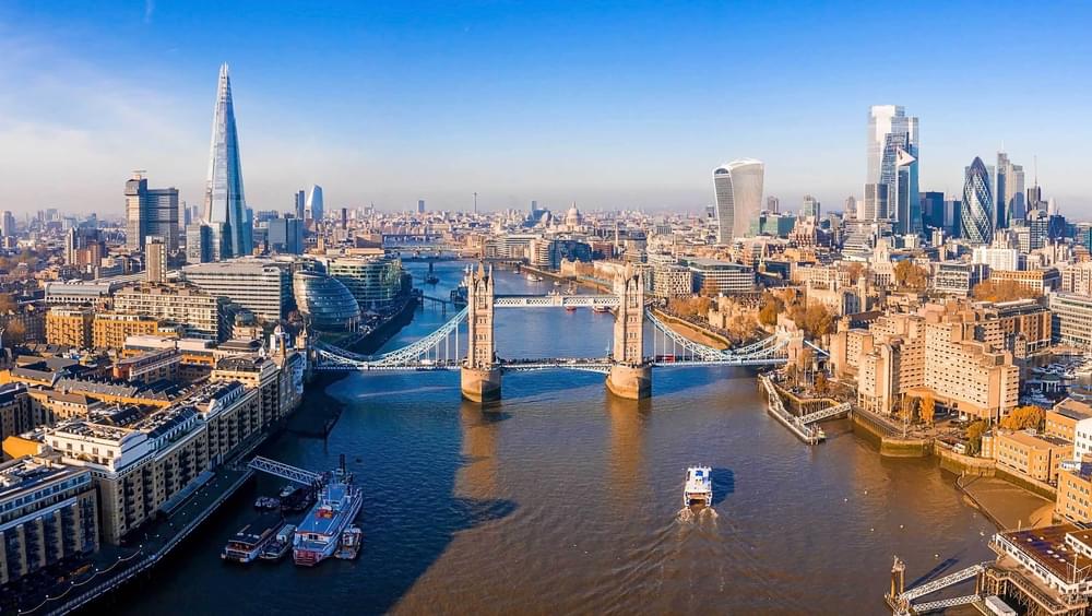 Aerial view of London Skyline with River Thames and Tower Bridge