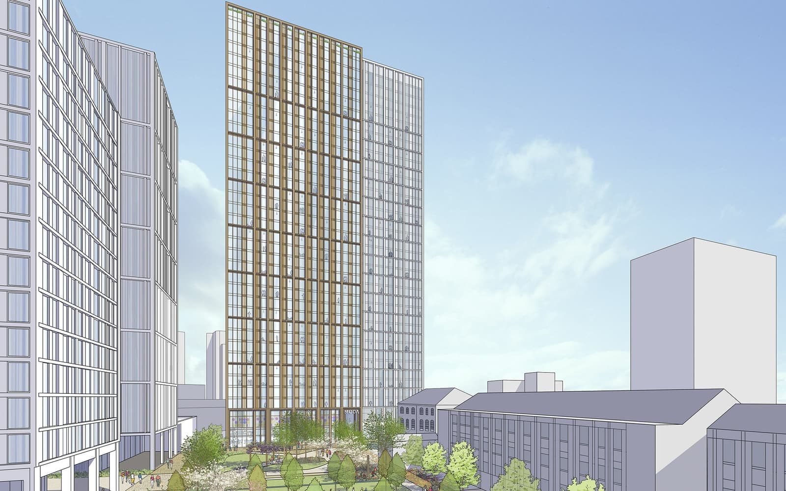 CGI of new high rise tower with park at ground floor level