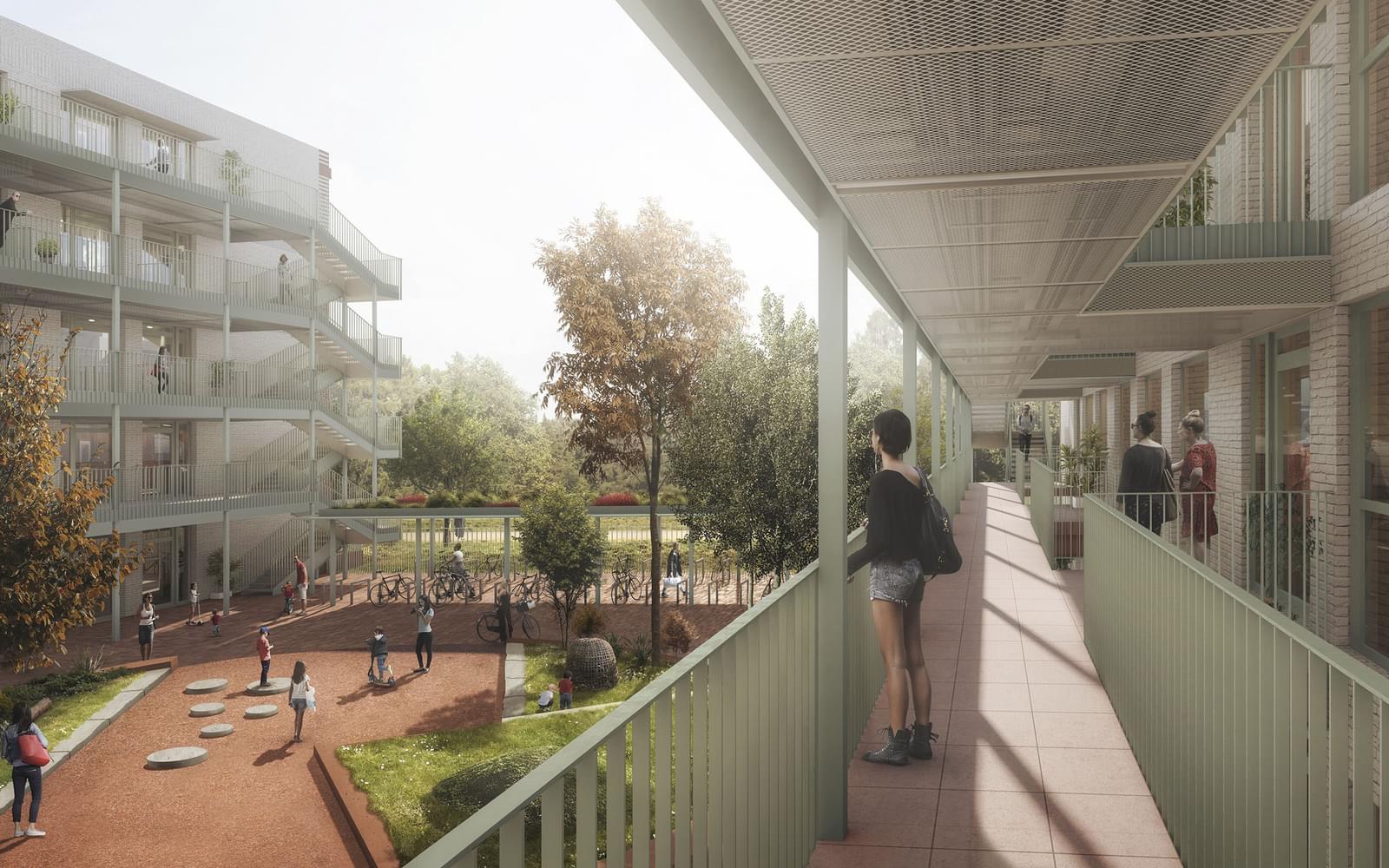 K1 Canada Water - person on walkway looking out over landscaped gardens