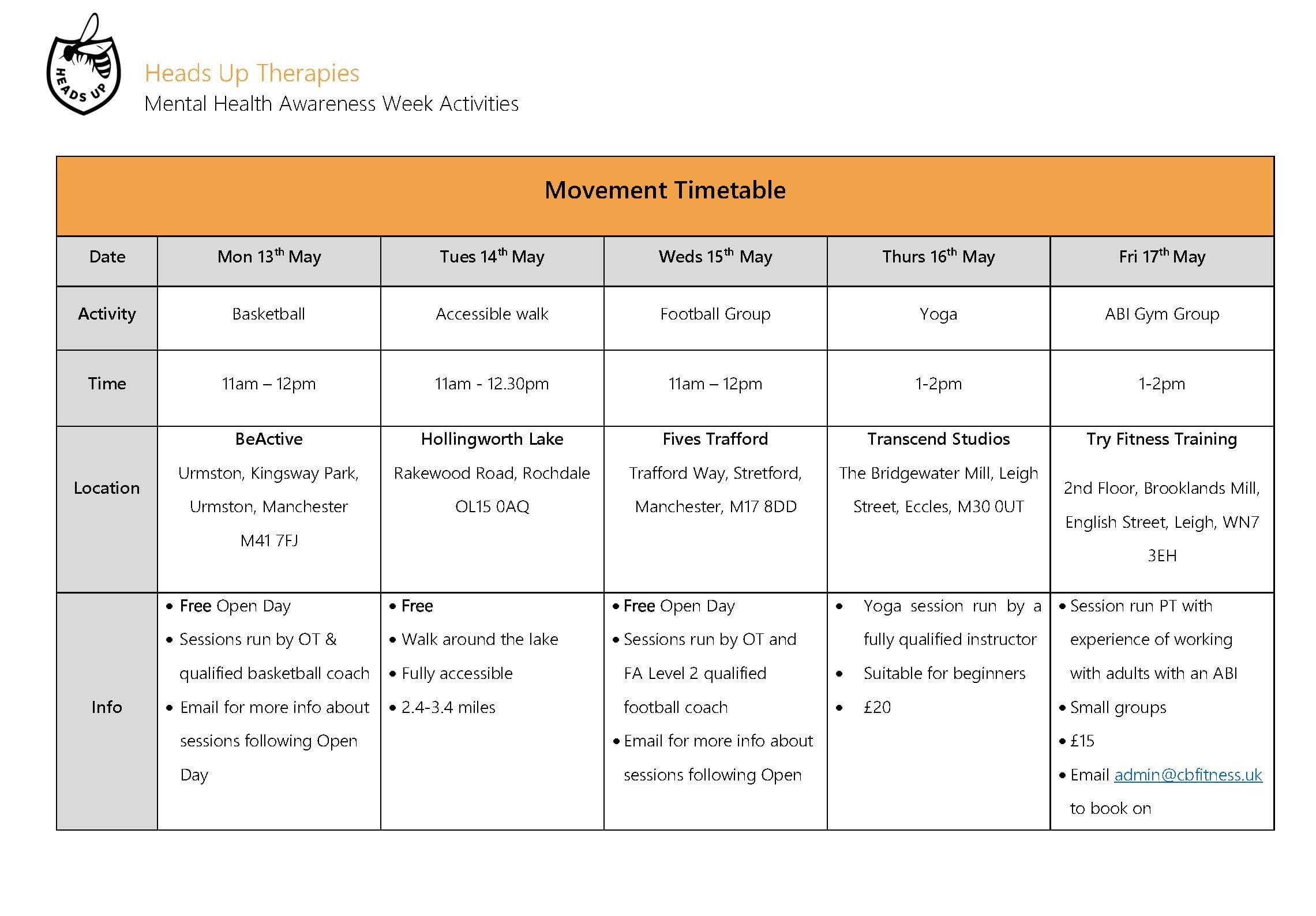 Mental Health Week Timetable