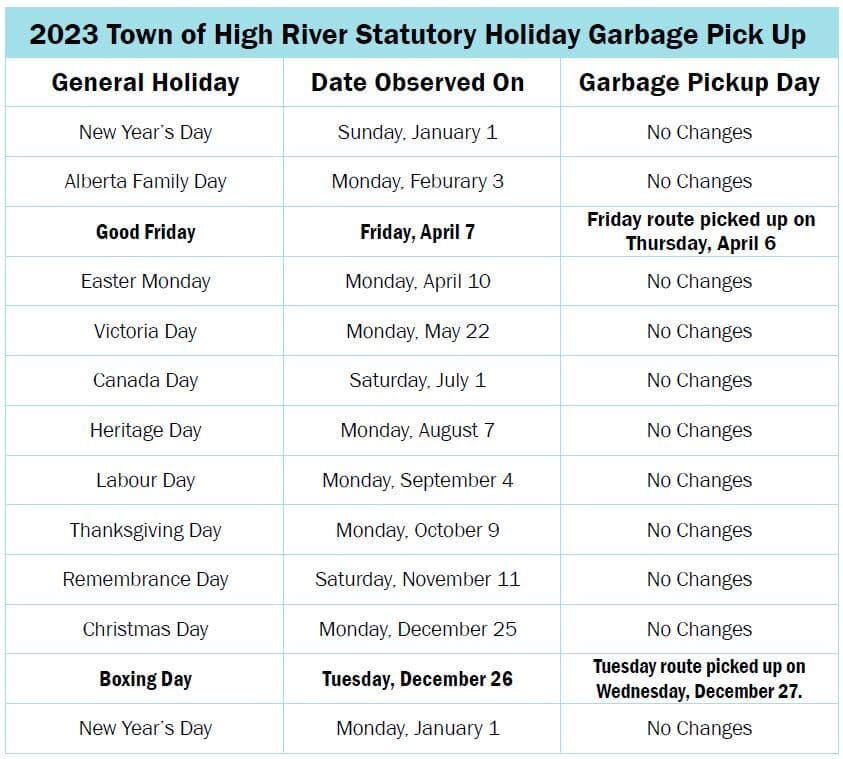 Garbage Collection Stat Pick Up Schedule 2023