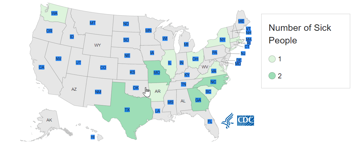 Map shows where people in this Salmonella outbreak live.