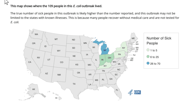 A total of 109 people infected with the outbreak strain of E. coli O157:H7 were reported from 6 states. Indiana 11, Kentucky 2, Michigan 67, New York 1, Ohio 24, Pennsylvania 4.