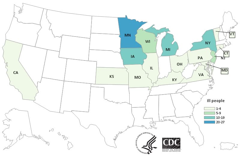 People infected with the outbreak strain of Salmonella Enteritidis by state of residence, as of October 14, 2020 (n=101)
