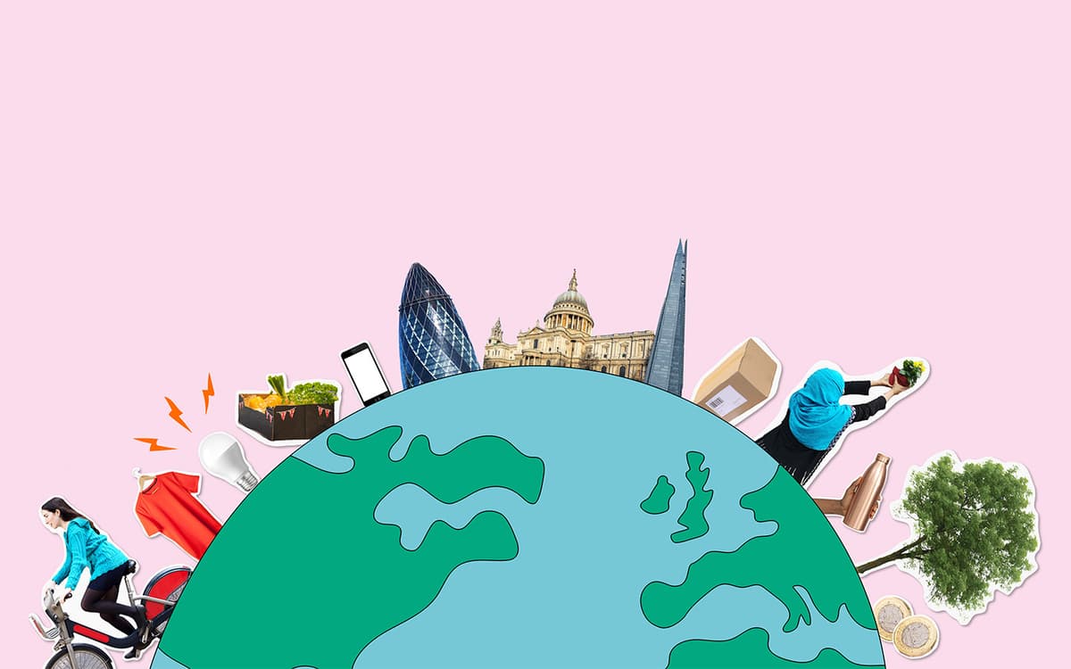 An illustration of the world on a pink background with cut out images of different actions you can take to help the planet around it.