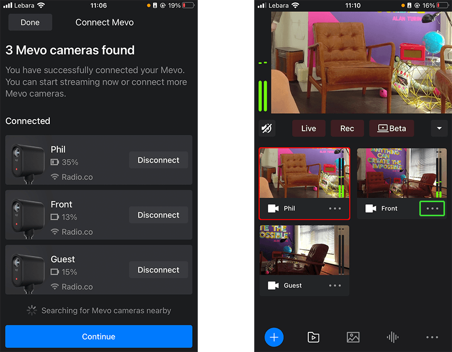 Two screenshots from the Mevo Multicam app. The left screenshot shows the three Mevos connected to the app. The right screenshot shows each Mevo view in the phone feed, along with a green outlined box which indicates where to find each camera settings.