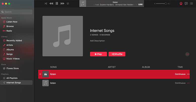 A screenshot showing the Internet Songs Playlist that Apple Music creates when a radio stream is added.