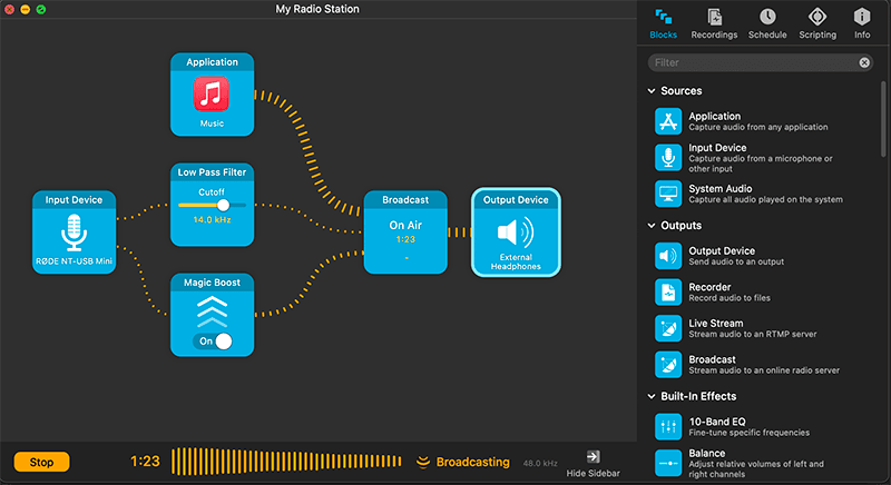 The block system of Audio Hijack, showing how audio sources can be added, mixed together and broadcast.
