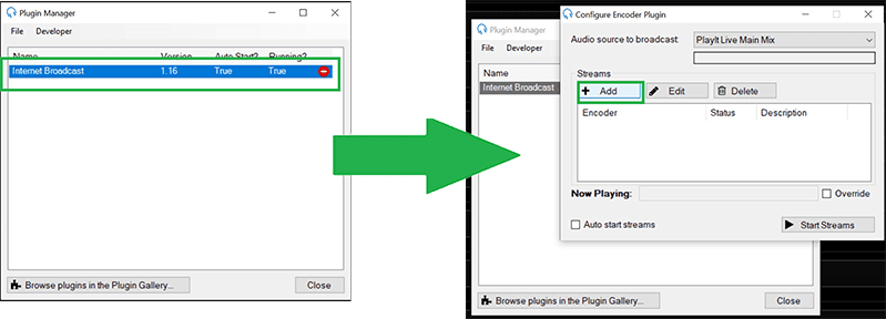Plugin gallery window & Configure Encoder plugin window