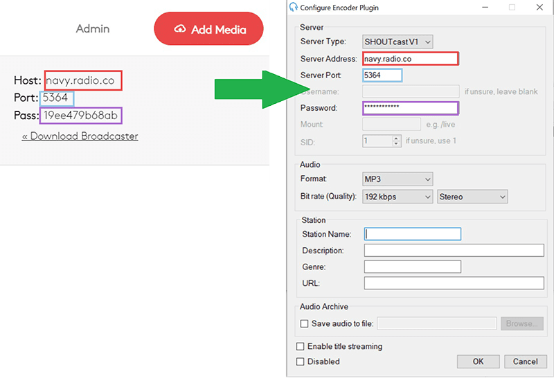 The connection details from Radio.co and the settings window for Configuration Encoder plugin