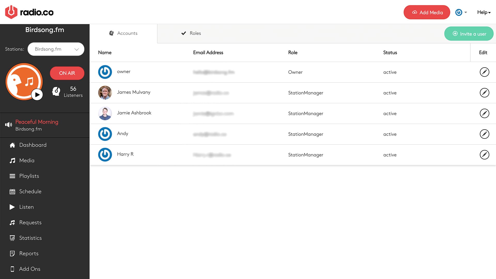 Image is a screenshot of the list of accounts associated with a Radio.co radio station.