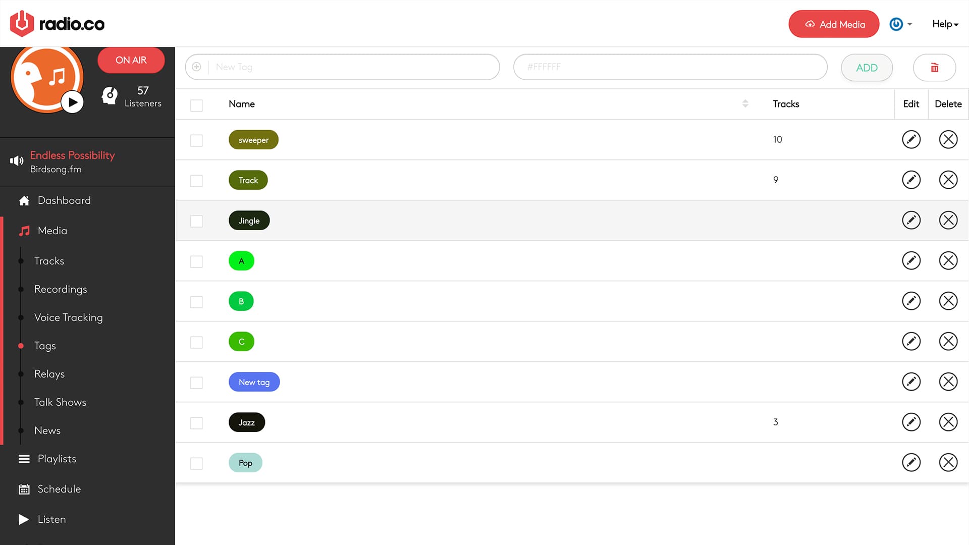 Image is a screenshot from the Radio.co dashboard, showing the created tags for playlists.