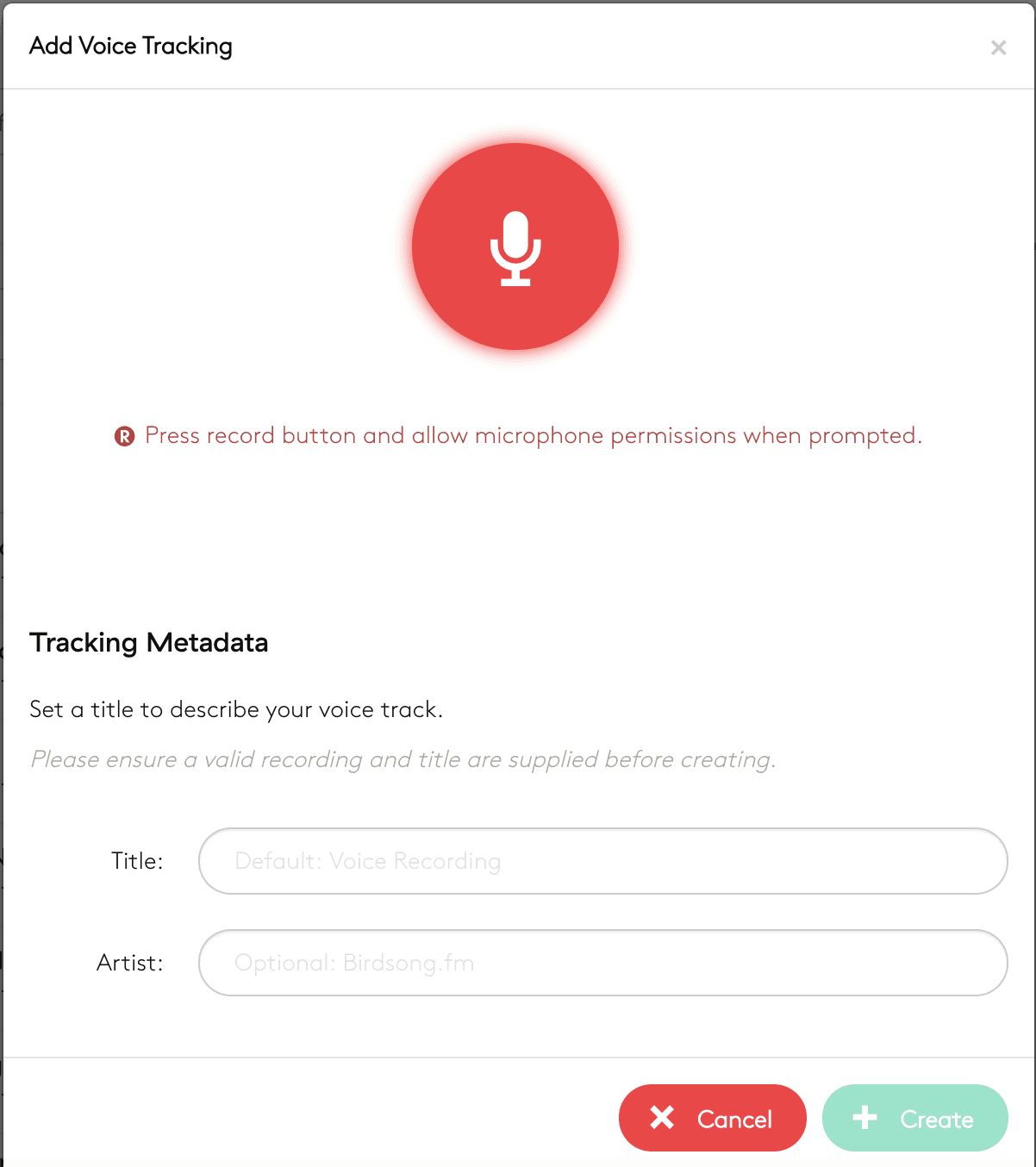 Image is a screenshot of the Add Voice Tracking window in the Radio.co dashboard.