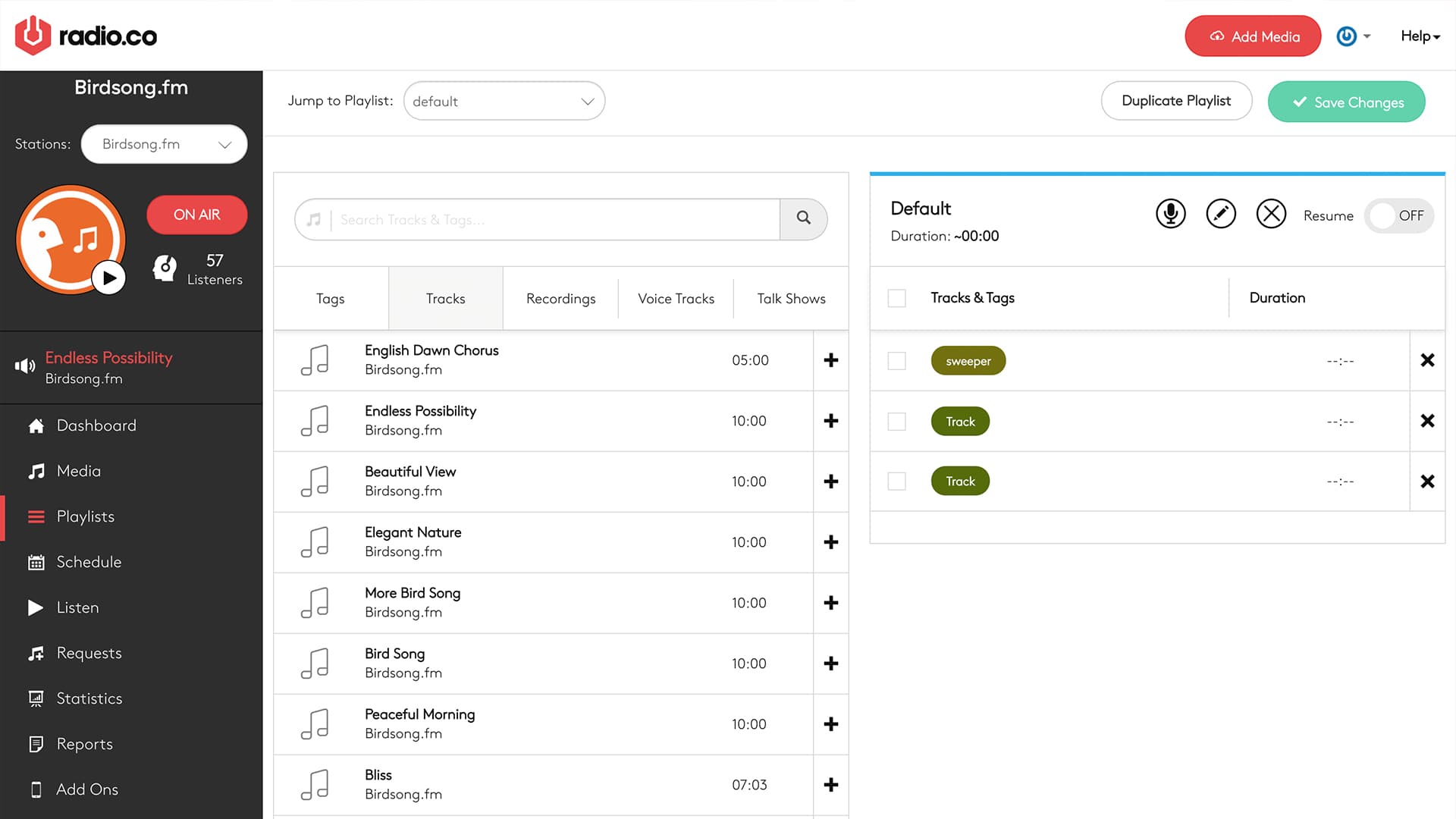Image is a screenshot from the Radio.co dashboard showing the playlist options.