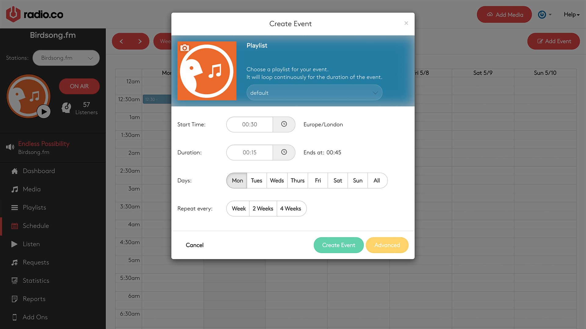 Image is a screenshot from the Radio.co dashboard showing the scheduling window for playlists.