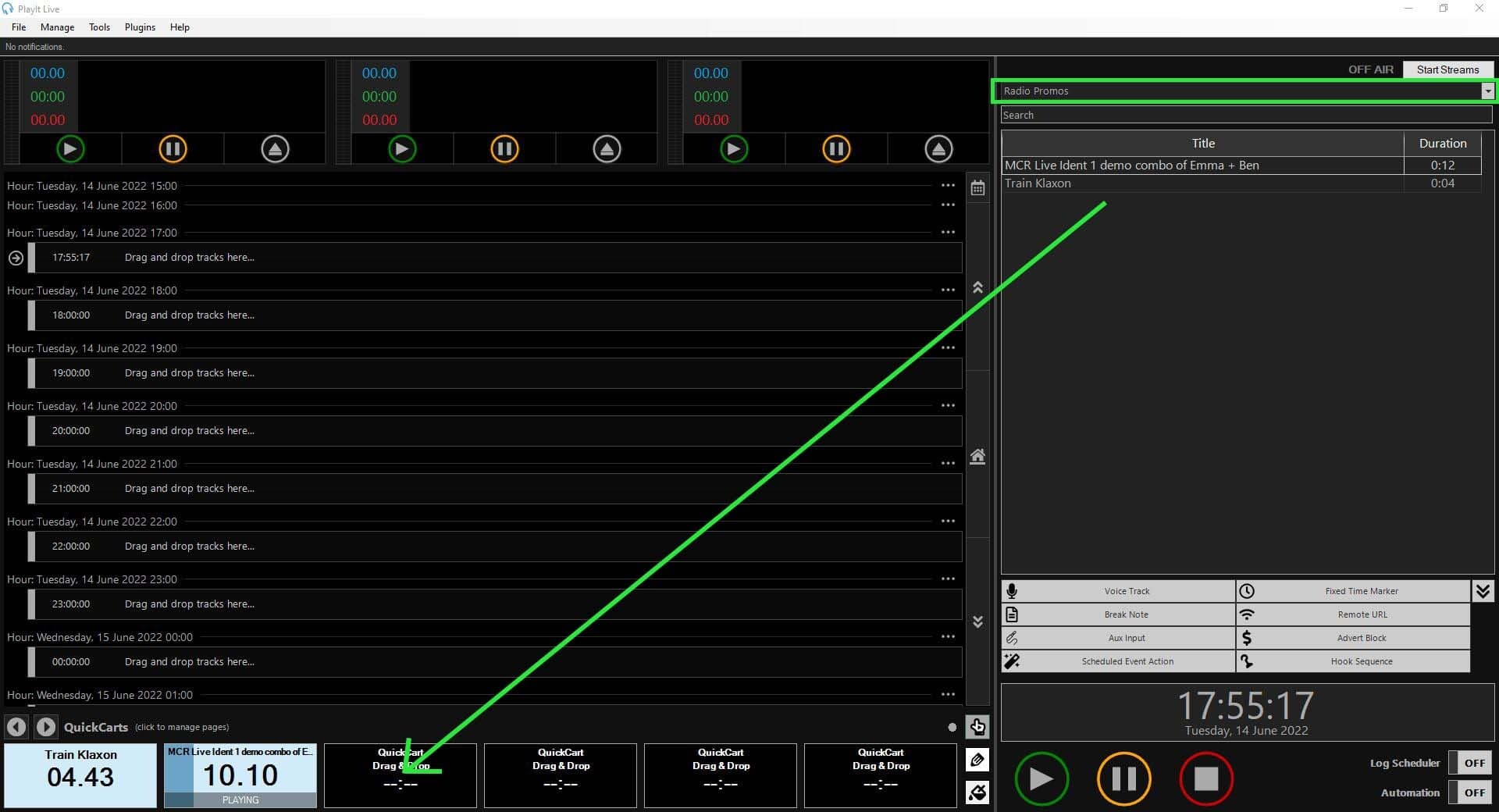 A screengrab showing where to filter by groups and where to drag and drop sound effects in PlayIt Live