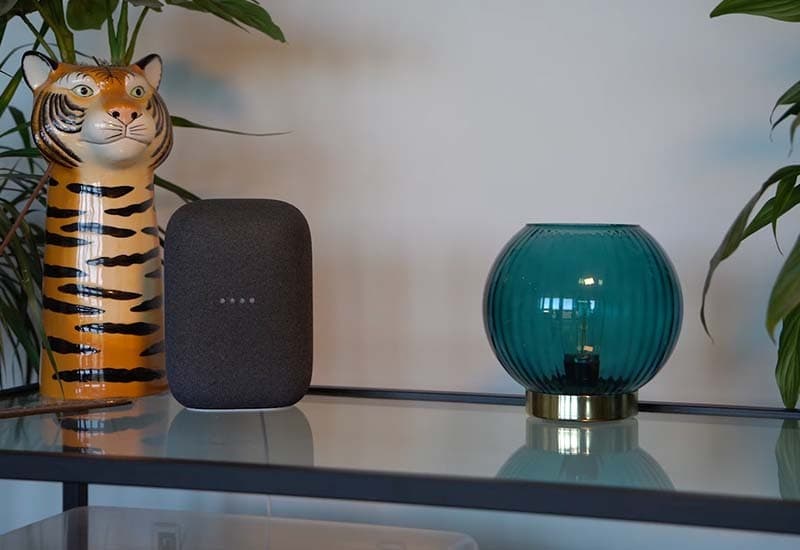 Image shows a shelf with a Tiger shaped vase, a Google Nest speaker, and a large sphere shaped candle holder on it.